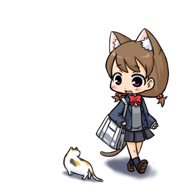 nekoyama, original, bad id, bad pixiv id, animal ears, bag, blush, brown hair, cat, cat ears, cat tail, chibi, hair bobbles, hair ornament, short twintails, simple background, solo, tail, twintails, walking