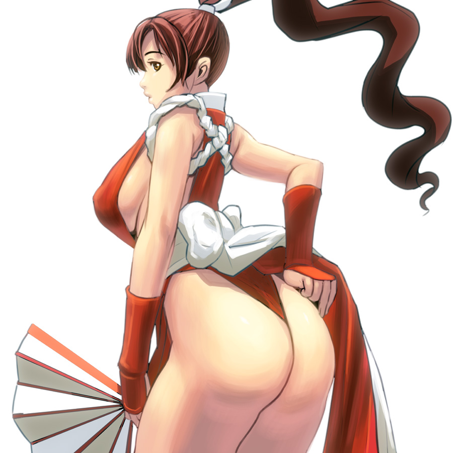kouno (masao), shiranui mai, fatal fury, snk, the king of fighters, bad id, bad pixiv id, 1girl, ass, breasts, brown eyes, brown hair, cowboy shot, female focus, folding fan, hand fan, japanese clothes, large breasts, long hair, panties, pelvic curtain, ponytail, revealing clothes, sideboob, smile, solo, underwear