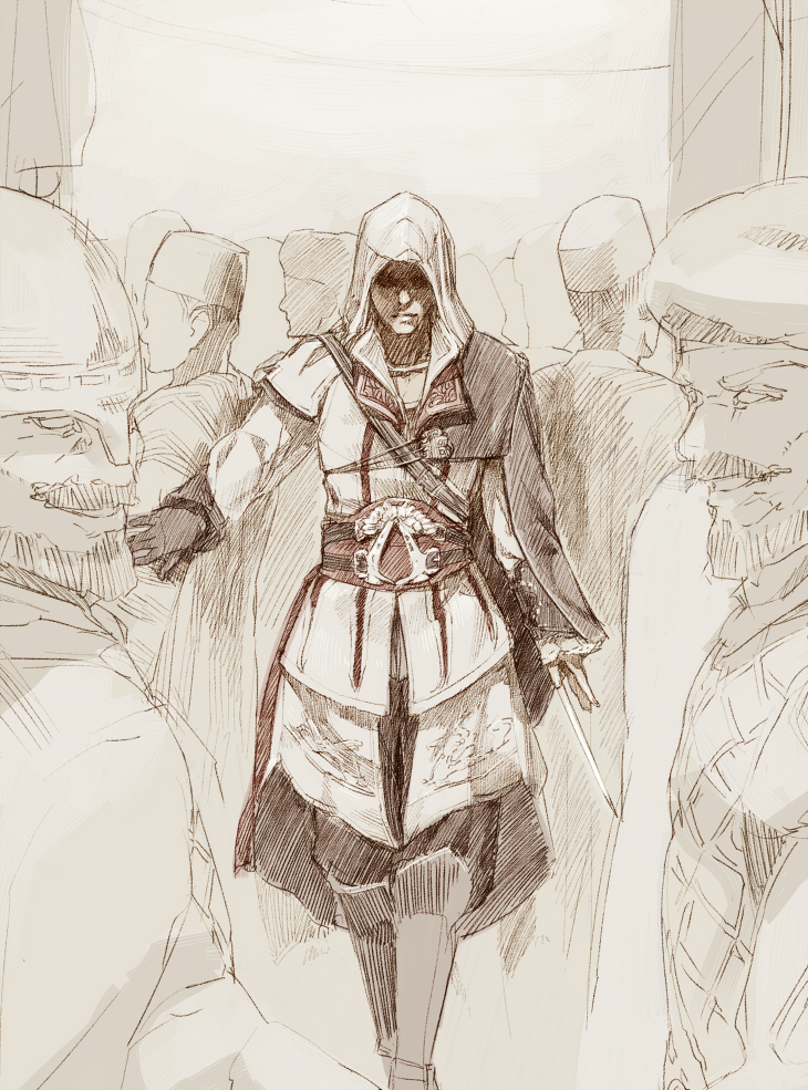 shihou (g-o-s), ezio auditore da firenze, assassin's creed, assassin's creed (series), assassin's creed ii, 1boy, brown theme, cape, concealed weapon, gloves, hood, male focus, manly, monochrome, sketch, solo, vambraces, weapon