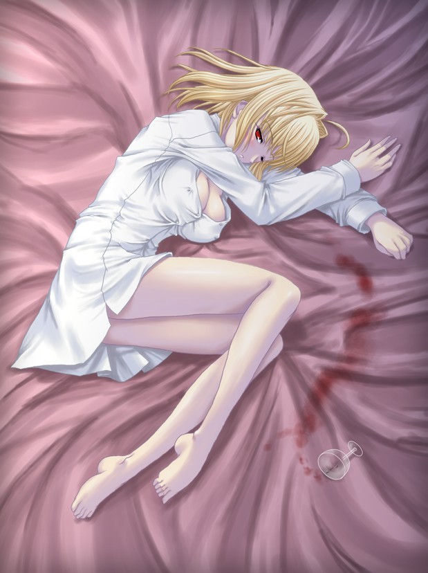 arcueid brunestud, tsukihime, artist request, 00s, 1girl, barefoot, blonde hair, blush, bottomless, dress shirt, feet, female focus, glass, lying, red eyes, shirt, short hair, solo, stain