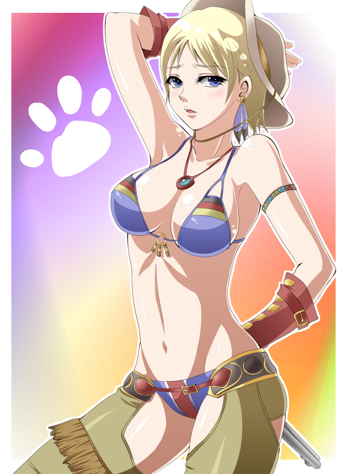 kara age, fiona belli, capcom, demento, bad id, bad pixiv id, 1girl, alternate costume, bikini, bikini top only, blonde hair, blue eyes, chaps, cowboy hat, earrings, female focus, gloves, gun, hat, jewelry, navel, necklace, paw print, short hair, solo, swimsuit, weapon