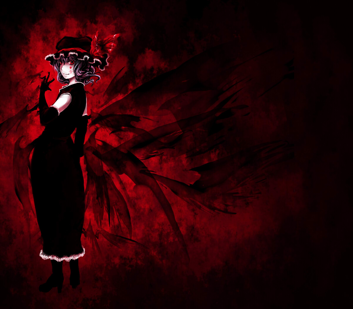 kasu, remilia scarlet, touhou, bad id, bad pixiv id, 1girl, aged up, alternate costume, bat (animal), bat wings, blood, dark, dress, elbow gloves, female focus, gloves, gradient background, hat, hat ribbon, high heels, looking back, purple hair, red eyes, ribbon, shoes, short hair, sleeveless, solo, wavy hair, wings