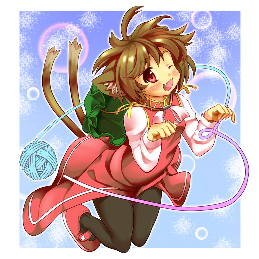 niji sugi, chen, touhou, bad id, bad pixiv id, 1girl, animal ears, brown hair, cat ears, cat girl, cat tail, female focus, full body, hat, multiple tails, pantyhose, red eyes, short hair, solo, tail