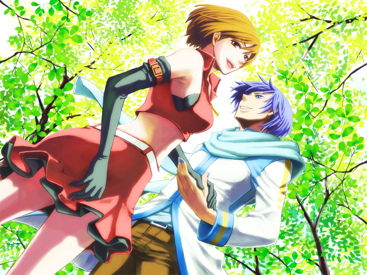 youne, kaito (vocaloid), meiko (vocaloid), vocaloid, blue eyes, blue hair, brown eyes, brown hair, elbow gloves, gloves, holding hands, nature, scarf, short hair, skirt, smile