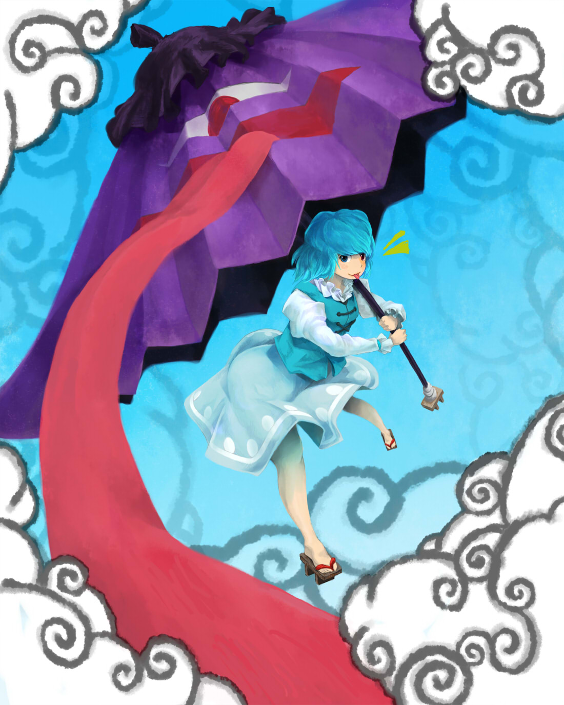 kasu, tatara kogasa, touhou, bad id, bad pixiv id, highres, 1girl, :p, aqua hair, barefoot, blue eyes, cloud, dress, female focus, full body, heterochromia, holding, karakasa obake, legs, long sleeves, red eyes, sandals, short hair, solo, tongue, tongue out, umbrella