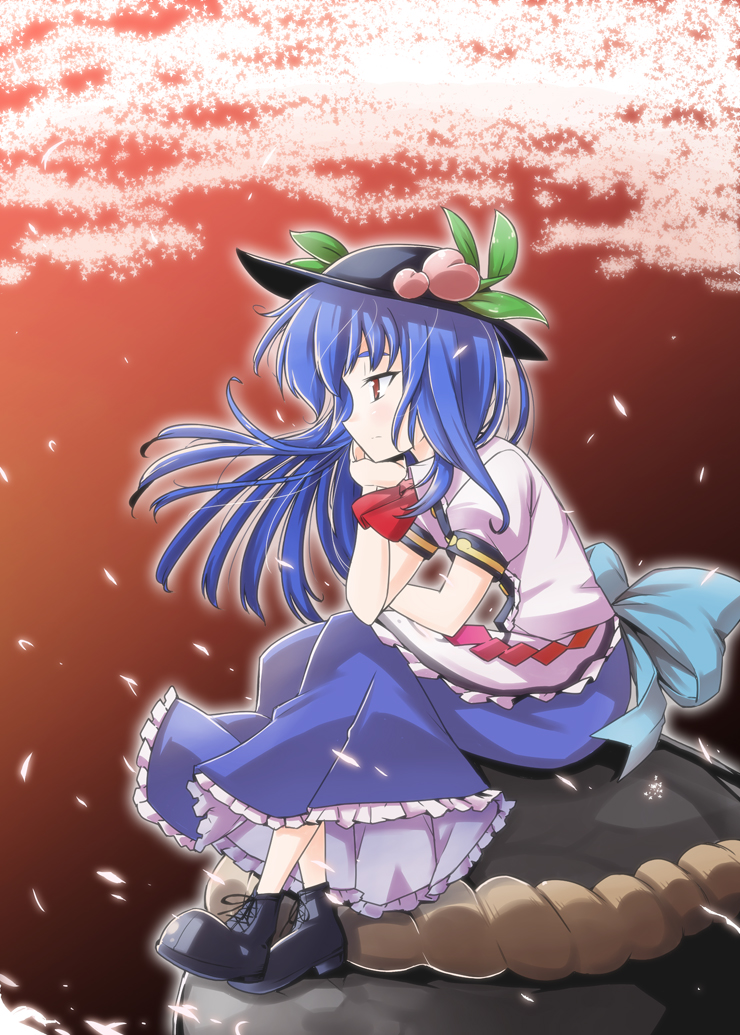 kiku hitomoji, tora tooru, hinanawi tenshi, touhou, 1girl, blue hair, bored, female focus, food, fruit, hat, kaname-ishi, long hair, peach, red eyes, rope, shimenawa, solo