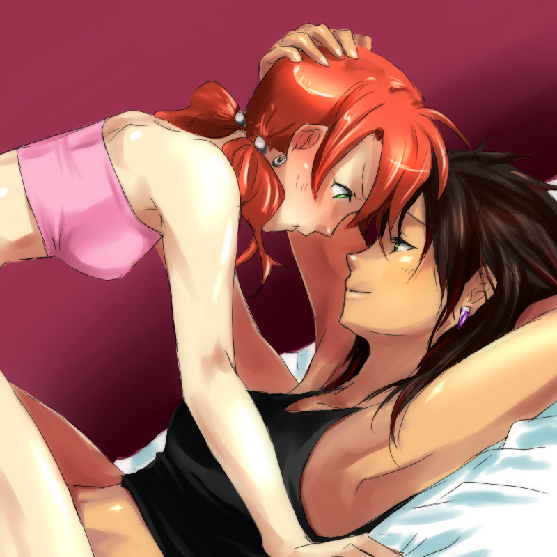 ririclub, oerba dia vanille, oerba yun fang, final fantasy, final fantasy xiii, 10s, 2girls, :t, armpits, bandeau, bare shoulders, black hair, blush, brown hair, earrings, eye contact, green eyes, hand on another's head, jewelry, looking at another, lying, midriff, multiple girls, on back, orange hair, pout, red hair, short twintails, strapless, tan, tank top, tube top, twintails, yuri