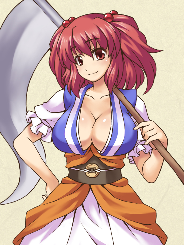 nemou, onozuka komachi, touhou, md5 mismatch, 1girl, breasts, cleavage, female focus, hair bobbles, hair ornament, large breasts, red eyes, red hair, scythe, short hair, smile, solo, twintails, two side up, weapon