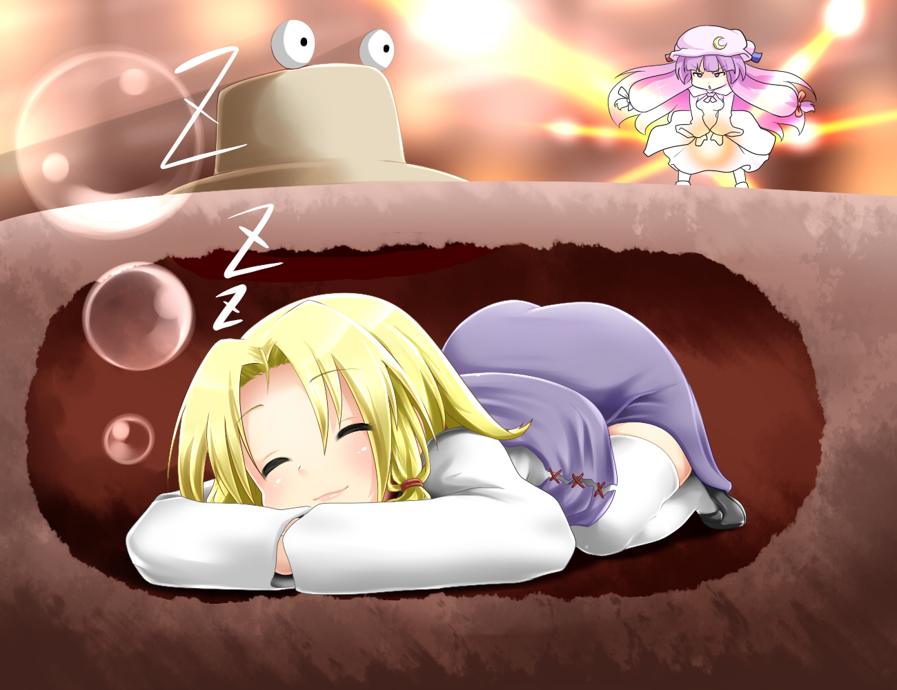 miki purasu, moriya suwako, patchouli knowledge, pyonta, touhou, touhou hisoutensoku, 2girls, ^ ^, angry, battle, blonde hair, bow, bubble, closed eyes, crescent, crescent moon, female focus, gameplay mechanics, hair bow, moon, multiple girls, purple hair, skirt, sleeping, thighhighs, top-down bottom-up