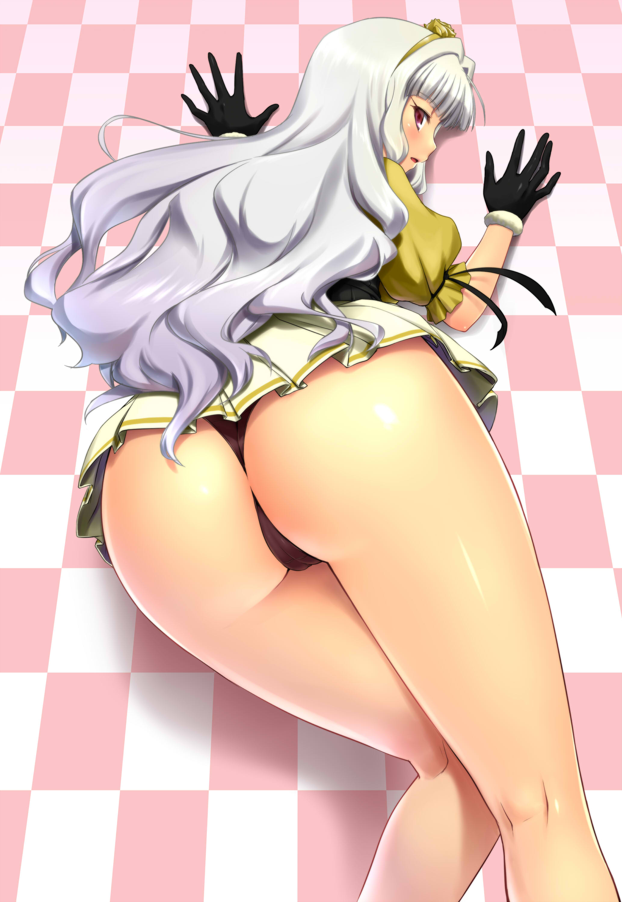 zanzi, 961 production, shijou takane, idolmaster, idolmaster (classic), silver hair, absurdres, highres, jpeg artifacts, md5 mismatch, resolution mismatch, source smaller, 1girl, ass, black gloves, black panties, female focus, gloves, legs, long hair, panties, solo, thong, trefoil, underwear