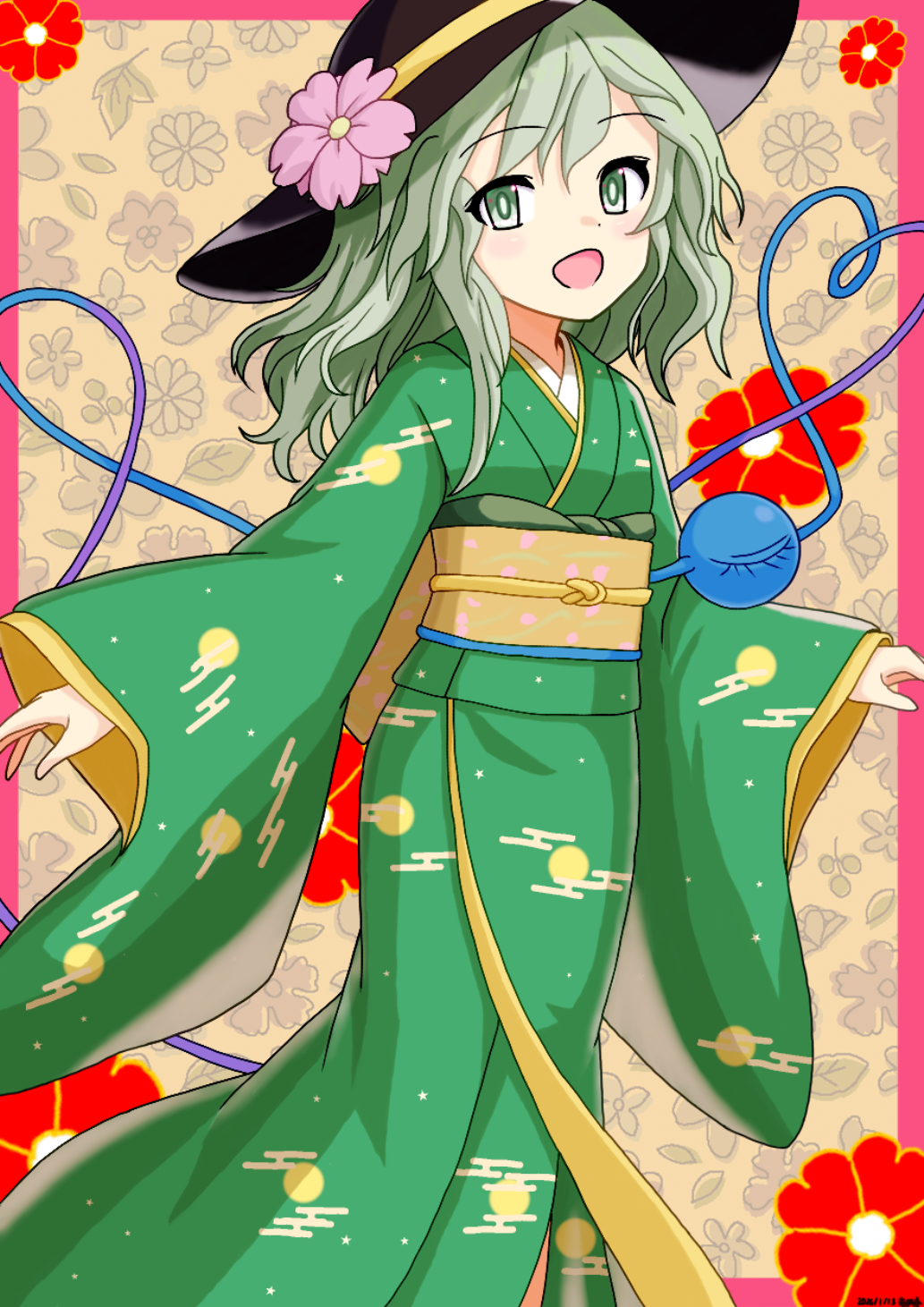 mist9801km, komeiji koishi, touhou, commentary request, highres, 1girl, alternate costume, black hat, border, egasumi, eyeball, floral background, flower, green eyes, green hair, green kimono, hat, hat flower, heart, heart of string, japanese clothes, kimono, long hair, long sleeves, looking at viewer, obi, obiage, obijime, open mouth, pink border, pink flower, sash, smile, solo, third eye, wide sleeves, yellow sash
