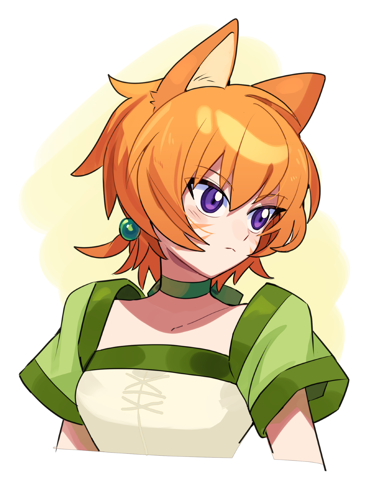 kurimori, laguz (fire emblem), lethe (fire emblem), fire emblem, fire emblem: path of radiance, fire emblem: radiant dawn, nintendo, commentary, highres, 1girl, animal ears, blush, breasts, cat ears, cat girl, choker, closed mouth, collar, facepaint, facial mark, green choker, green collar, green hair ornament, hair between eyes, messy hair, orange hair, purple eyes, simple background, small breasts, solo, whisker markings