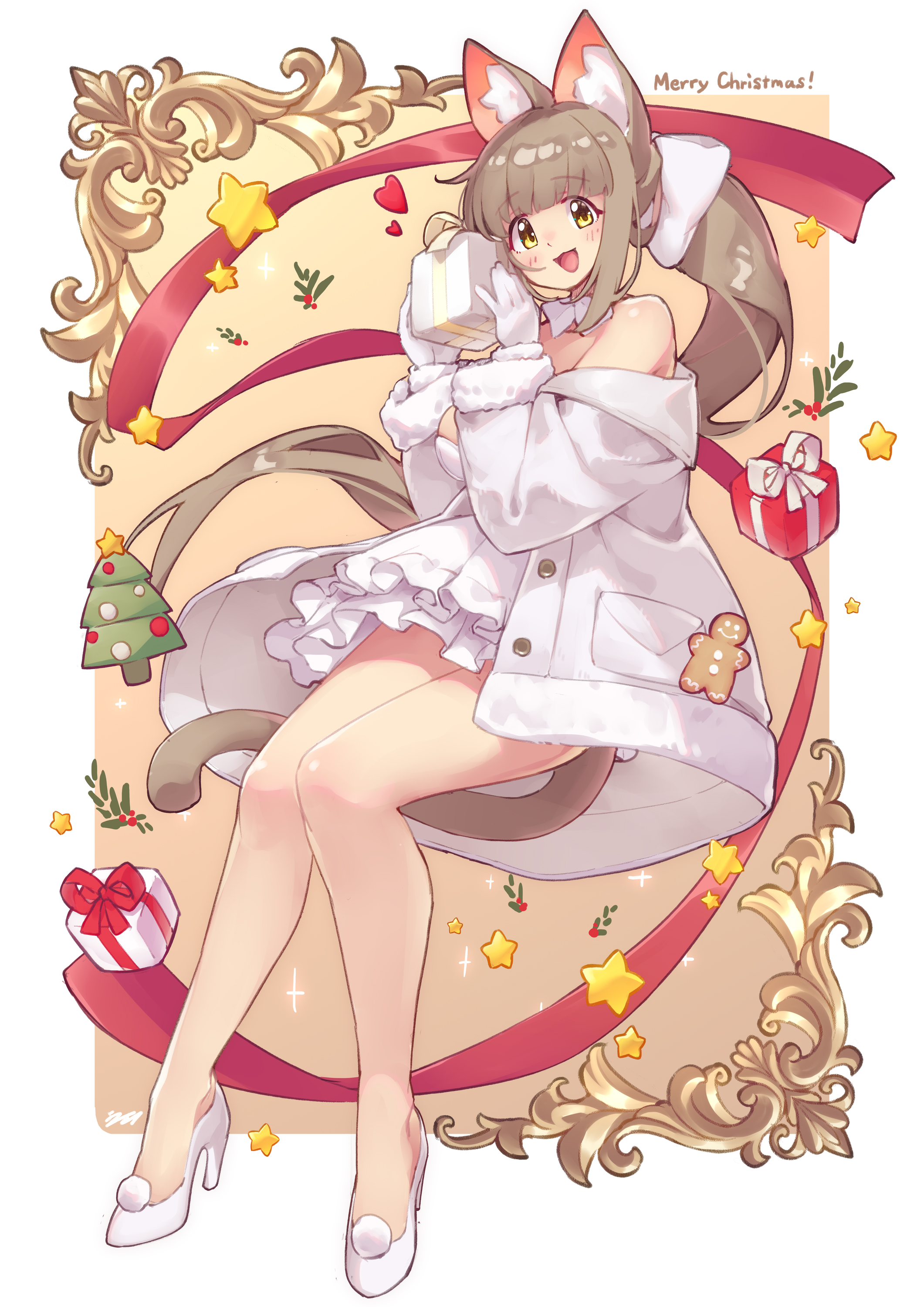arukiru, original, absurdres, commentary request, highres, 1girl, animal ear fluff, animal ears, bare shoulders, blush, breasts, brown hair, cat ears, cat girl, cat tail, christmas, christmas present, christmas tree, dress, gift, gloves, hair ribbon, high heels, holding, holding gift, large breasts, long hair, open mouth, outside border, ponytail, ribbon, shoes, smile, solo, tail, thighs, very long hair, white dress, white gloves, white shoes, yellow eyes