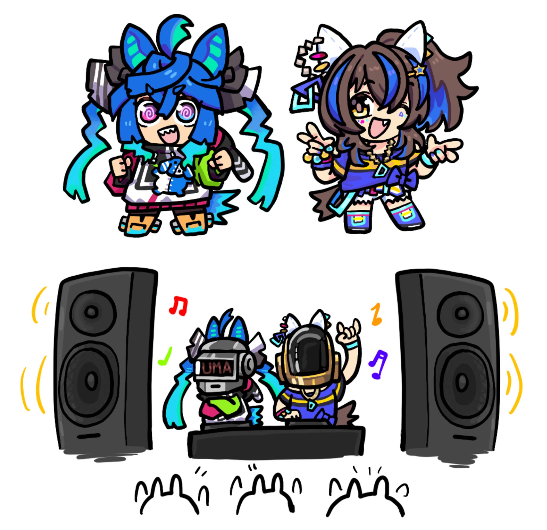 pikminpreggedup, daitaku helios (fun fun party night) (umamusume), daitaku helios (umamusume), guy-manuel de homem-christo, thomas bangalter, twin turbo (blast mode! turbo engine) (umamusume), twin turbo (umamusume), daft punk, umamusume, commentary, english commentary, highres, 2girls, :d, ;d, n/, ahoge, animal ears, arm up, blue shirt, blue shoes, brown eyes, brown hair, brown shoes, chibi, chibi only, cosplay, crowd, dj, double w, ear covers, fang, guy-manuel de homem-christo (cosplay), hair over one eye, helmet, horse ears, horse girl, horse tail, jacket, long hair, multicolored hair, multiple girls, multiple views, musical note, one eye closed, open mouth, pink eyes, sharp teeth, shirt, shoes, side ponytail, simple background, smile, speaker, tail, teeth, thomas bangalter (cosplay), twintails, two-tone hair, w, white background, white jacket