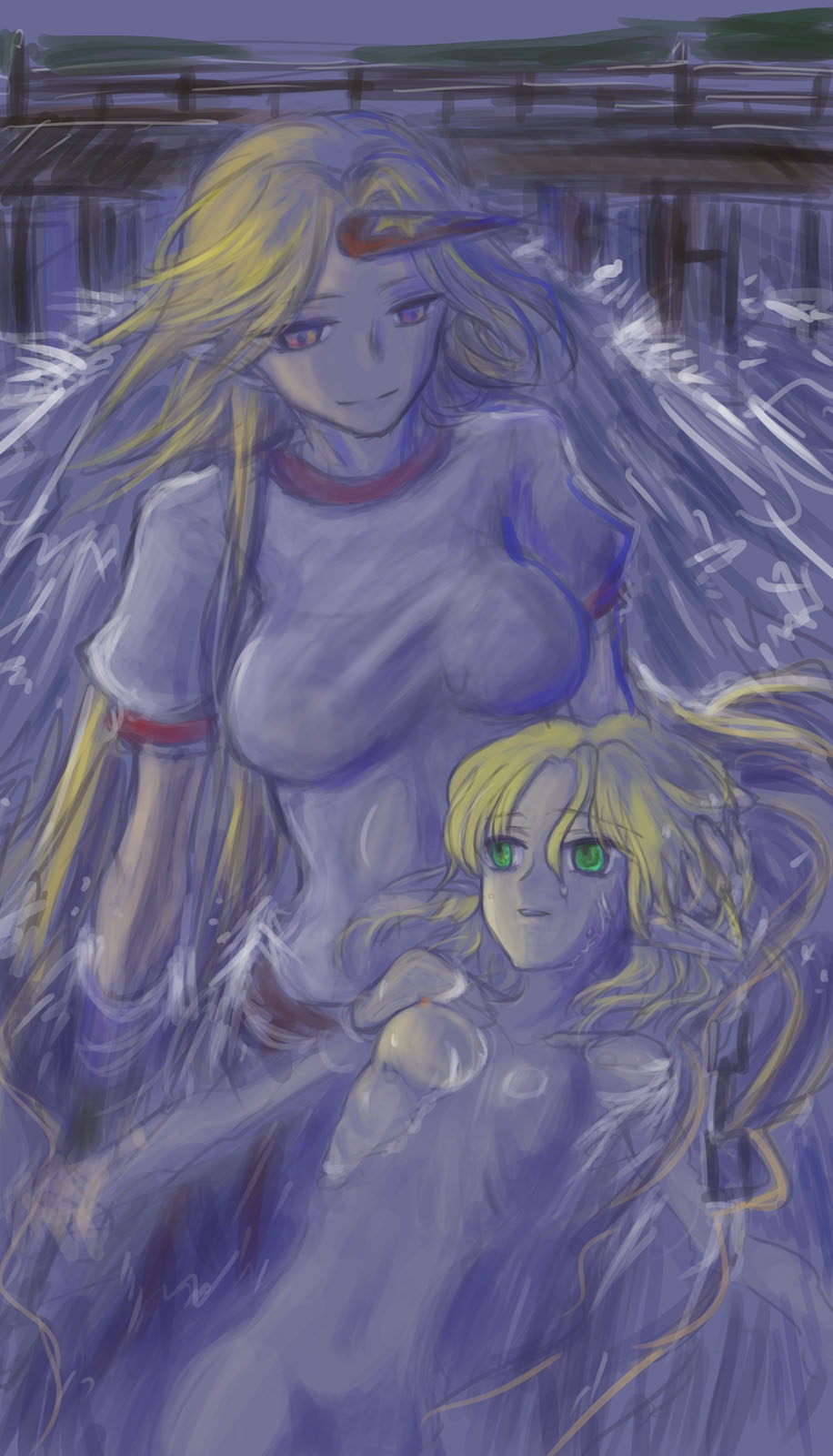 namarino, hoshiguma yuugi, mizuhashi parsee, touhou, bad id, bad pixiv id, highres, 2girls, breasts, bridge, chain, clothed female nude female, female focus, green eyes, holding, horns, long hair, looking down, multiple girls, night, nipples, nude, pointy ears, red eyes, shirt, short hair, single horn, skinny, smile, t-shirt, water, yuri