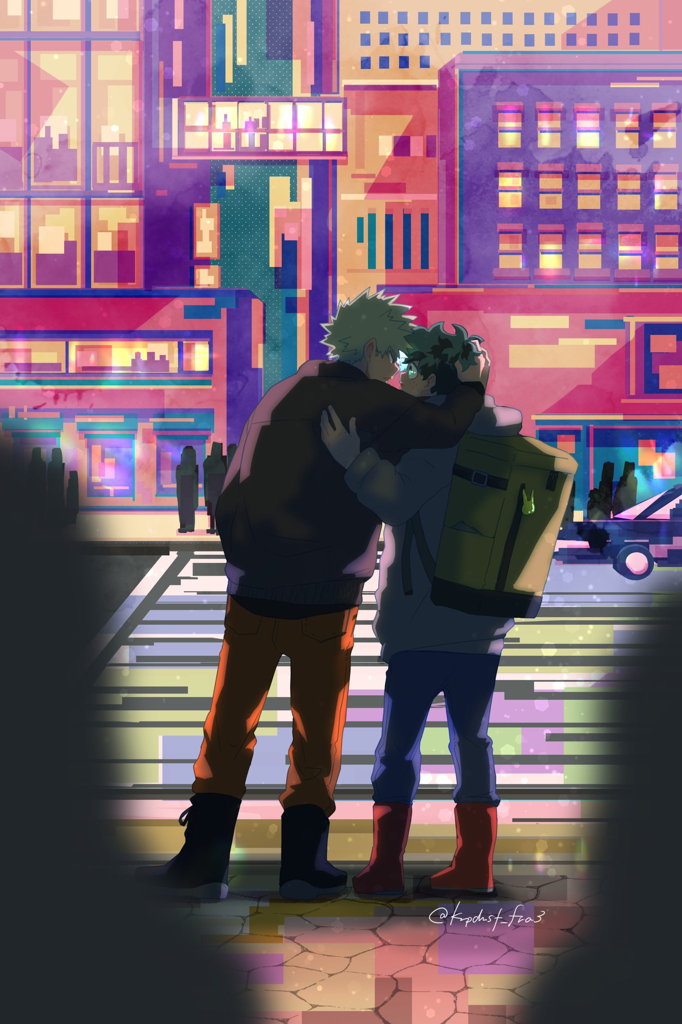 furami (krpdnst fra3), bakugou katsuki, midoriya izuku, boku no hero academia, commentary request, highres, 2boys, arm up, backpack, bag, black boots, blonde hair, blue pants, boots, brown jacket, car, crosswalk, denim, from behind, green hair, grey jacket, hand in another's hair, jacket, jeans, long sleeves, male focus, motor vehicle, multiple boys, outdoors, pants, people, red boots, red pants, standing, twitter username, yaoi
