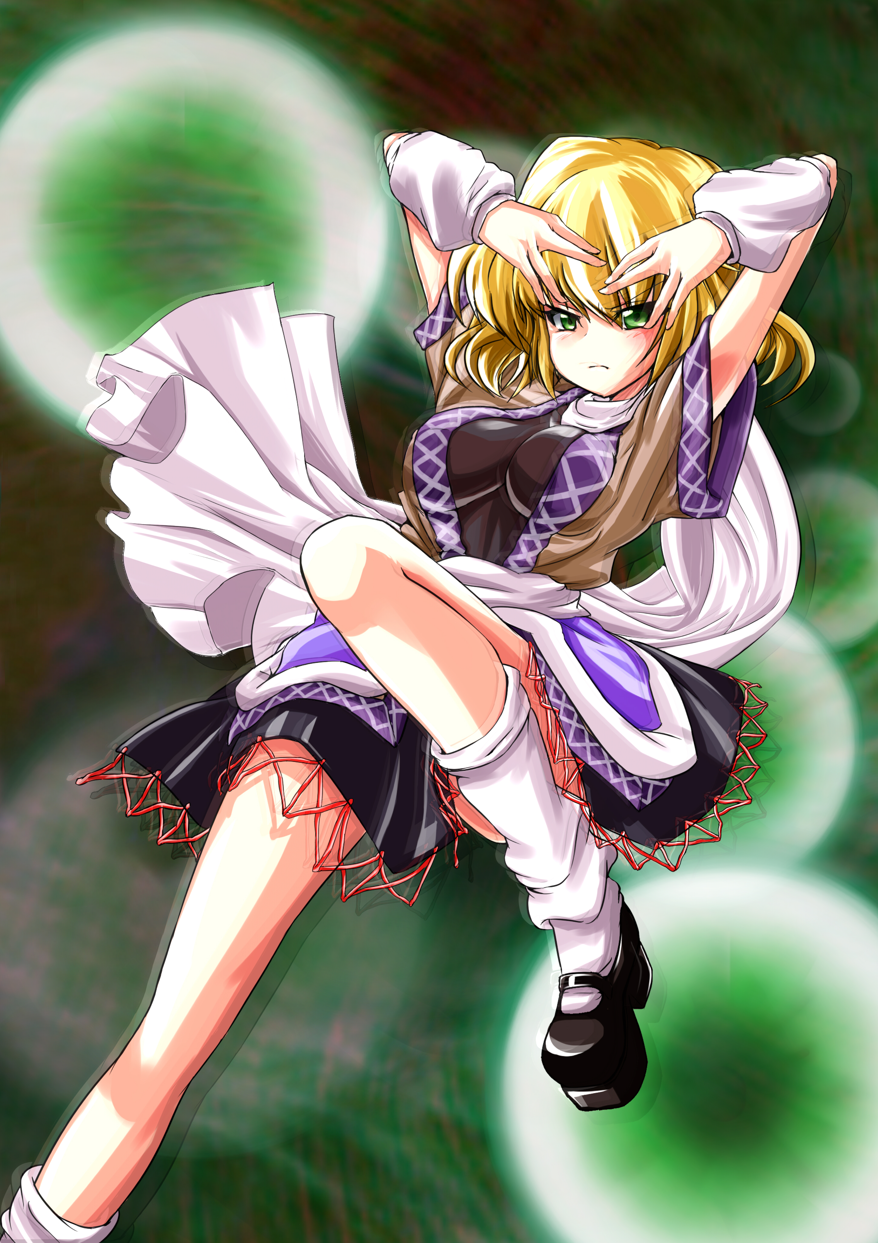 ninopal, mizuhashi parsee, touhou, absurdres, highres, 1girl, annoyed, arm warmers, blonde hair, blush, danmaku, dress, female focus, green eyes, legs, scarf, shoes, short hair, short sleeves, socks, solo