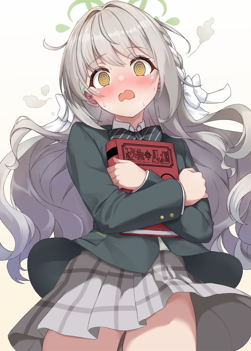 piyobomu, miyo (blue archive), blue archive, commentary request, highres, 1girl, @ @, black bow, black bowtie, black jacket, blazer, blush, book, bow, bowtie, braid, breasts, collared shirt, dress shirt, green halo, grey hair, grey skirt, hair between eyes, hair bow, hair intakes, hair ribbon, halo, holding, holding book, jacket, long hair, long sleeves, looking at viewer, medium breasts, medium skirt, open mouth, plaid clothes, plaid skirt, pleated skirt, ribbon, ribbon braid, ringed eyes, school uniform, shirt, simple background, skirt, solo, spiral-only eyes, tears, very long hair, wavy hair, white background, white bow, white ribbon, white shirt, yellow eyes