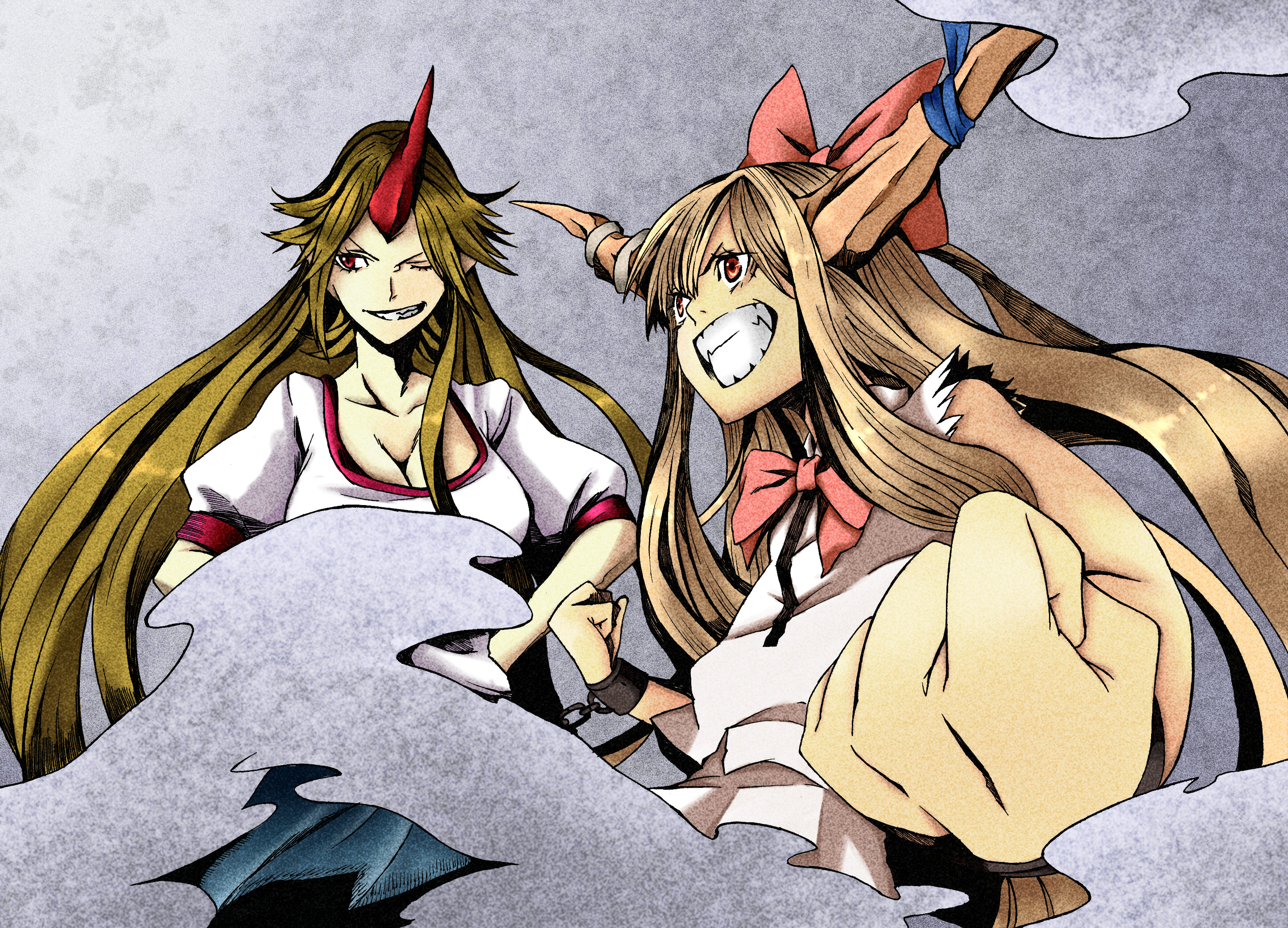 farusu, hoshiguma yuugi, ibuki suika, touhou, highres, 2girls, blonde hair, breasts, brown hair, cleavage, clenched hand, clenched hands, clenched teeth, cuffs, fang, female focus, foreshortening, grin, hair ribbon, horns, long hair, multiple girls, one eye closed, oni, orange eyes, red eyes, ribbon, short sleeves, single horn, sleeveless, smile, smoke, teeth, torn clothes, wink