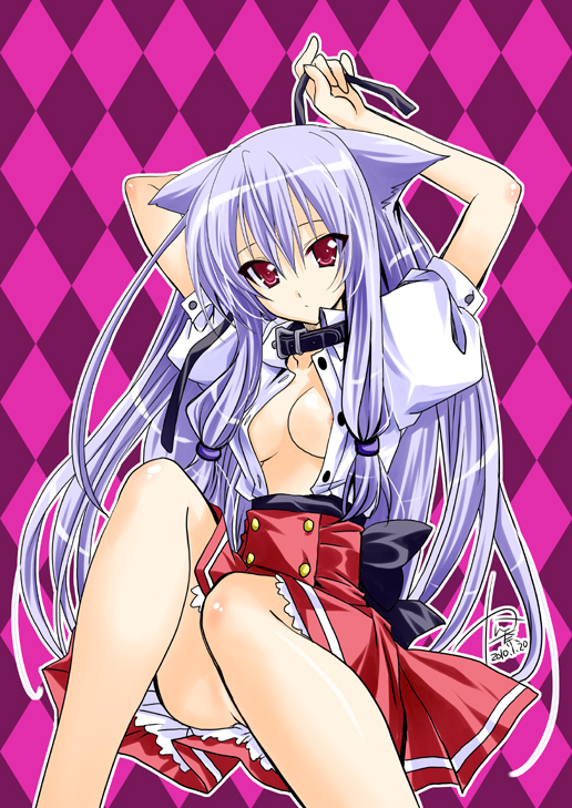 kanna (plum), kiriya nozomi, mayoi neko overrun!, 1girl, animal ears, arms up, blue hair, cat ears, collar, female focus, long hair, no panties, open clothes, open shirt, red eyes, ribbon, school uniform, shirt, sitting, skirt, solo