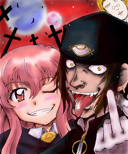 jan valentine, louise francoise le blanc de la valliere, luke valentine, hellsing, zero no tsukaima, artist request, jpeg artifacts, 1girl, 2boys, beanie, blonde hair, brown hair, cheek-to-cheek, crazy smile, cross, crossover, dark skin, earrings, face piercing, fangs, glasses, gloves, grin, hair between eyes, hat, heads together, high collar, jewelry, lip piercing, long hair, middle finger, moon, multiple boys, nose piercing, one eye closed, open mouth, piercing, pink eyes, pink hair, slit pupils, smile, tongue, tongue out, tongue piercing, vampire, wink, yellow eyes, zipper