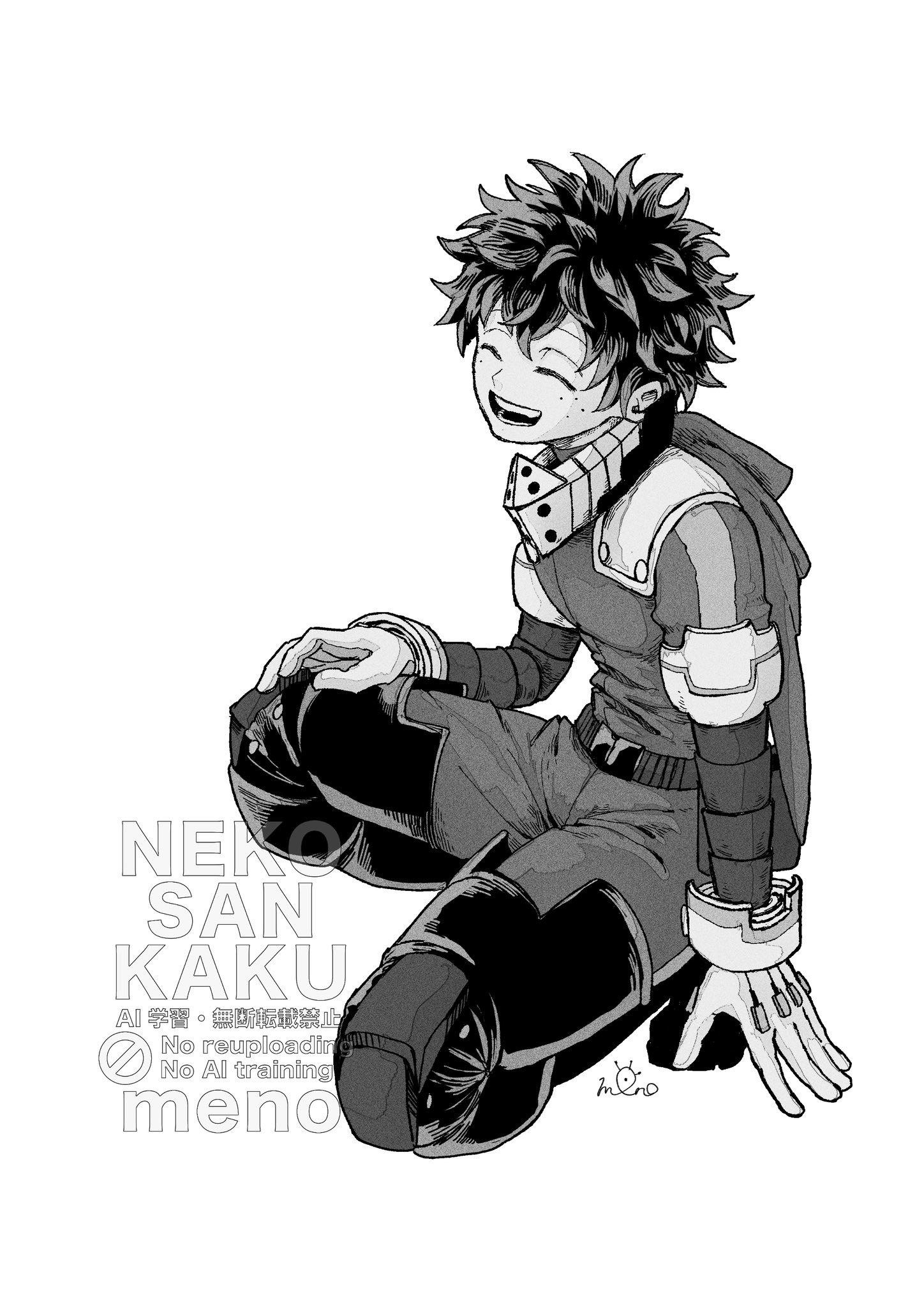 midoriya izuku, boku no hero academia, commentary request, highres, 000me no0002, 1boy, bodysuit, closed eyes, full body, gloves, greyscale, hood, hood down, male focus, monochrome, short hair, simple background, smile, solo, squatting, superhero costume, watermark, white background