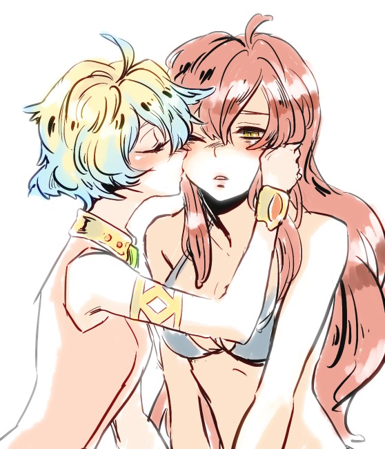 katoh, katou (hyaena), nia teppelin, yoko littner, tengen toppa gurren lagann, 00s, 2girls, bare shoulders, bikini, bikini top only, blush, hair down, jewelry, kiss, multicolored hair, multiple girls, red hair, short hair, swimsuit, yellow eyes, yuri