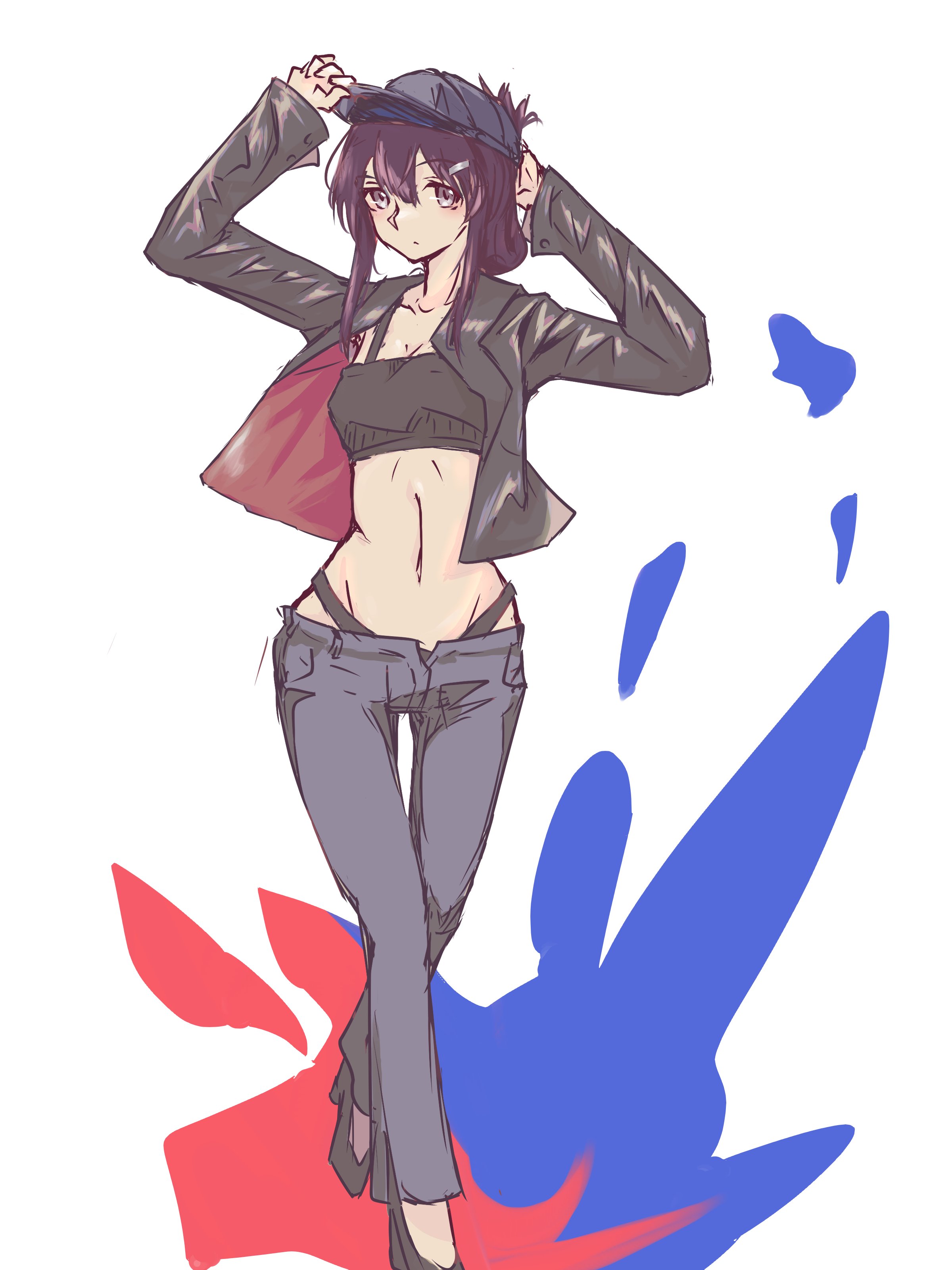 matcha tiger77, character request, copyright request, tagme, 1girl, hat, navel, pants, simple background, white background