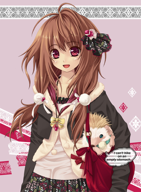 hitsujimura saki, original, brown hair, coat, english text, hair ornament, hedgehog, long hair, red eyes, skirt, solo, twintails