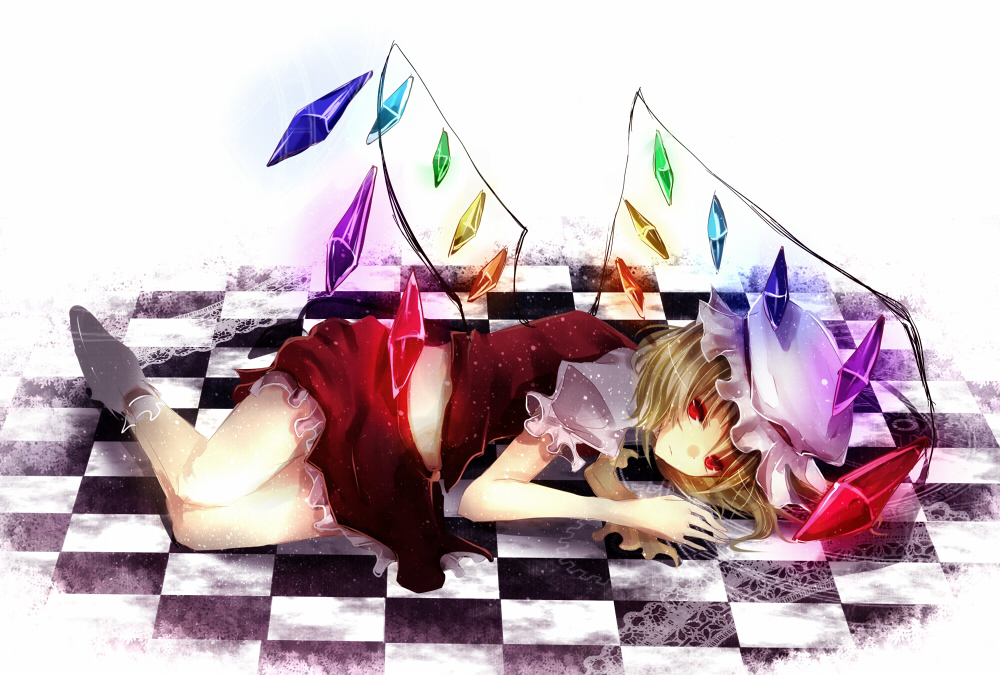 hekikuu6, flandre scarlet, touhou, bad id, bad pixiv id, 1girl, blonde hair, blouse, female focus, full body, hat, lying, mob cap, red eyes, shirt, short hair, side ponytail, solo, white hat, white shirt, wings