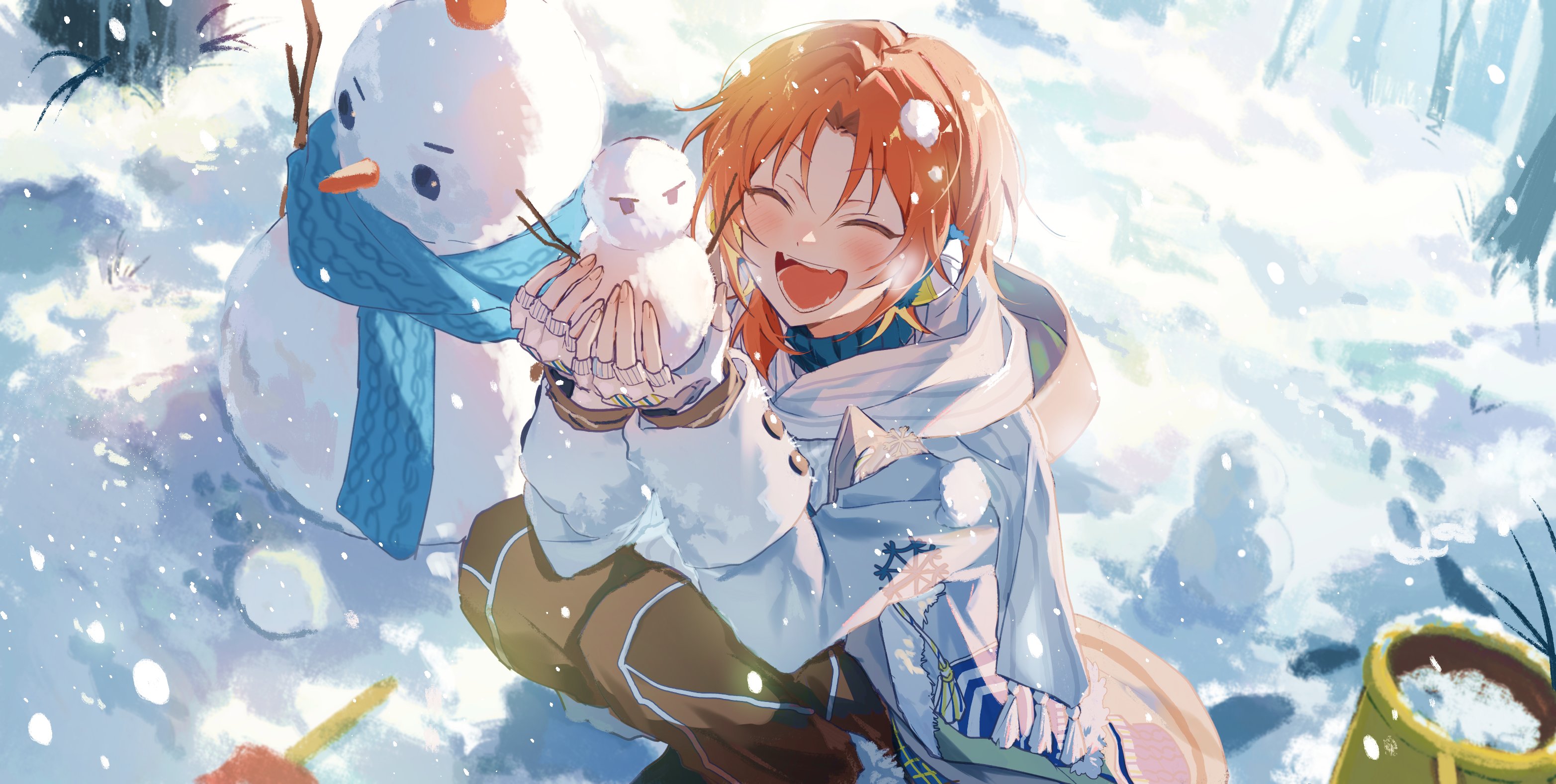 tsukinaga leo, ensemble stars!, commentary, highres, symbol-only commentary, 1boy, blue scarf, closed eyes, fangs, fingerless gloves, gloves, holding snowman, jacket, love (chyuu u), male focus, open mouth, orange hair, scarf, snow, snowing, snowman, solo, squatting, teeth, tree, white gloves, white jacket