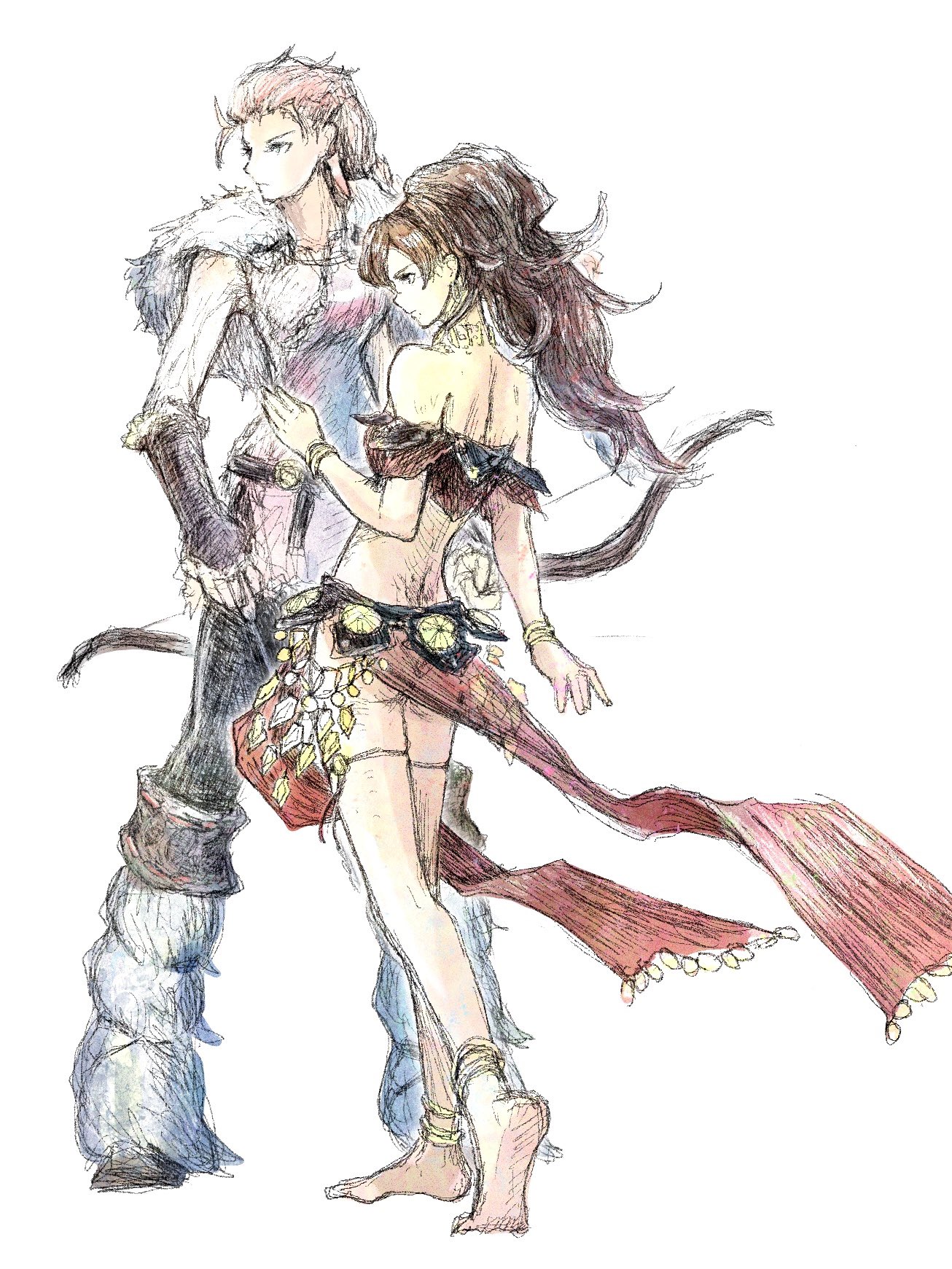 qqqqqli, h'aanit (octopath traveler), primrose azelhart, octopath traveler, octopath traveler i, commentary request, highres, 2girls, barefoot, bow (weapon), bracelet, braid, braided ponytail, brown hair, capelet, dancer, earrings, fringe trim, fur capelet, fur gloves, fur shawl, hoop earrings, jewelry, legs, long hair, multiple bracelets, multiple girls, necklace, pink hair, ponytail, shawl, simple background, snow leopard, weapon