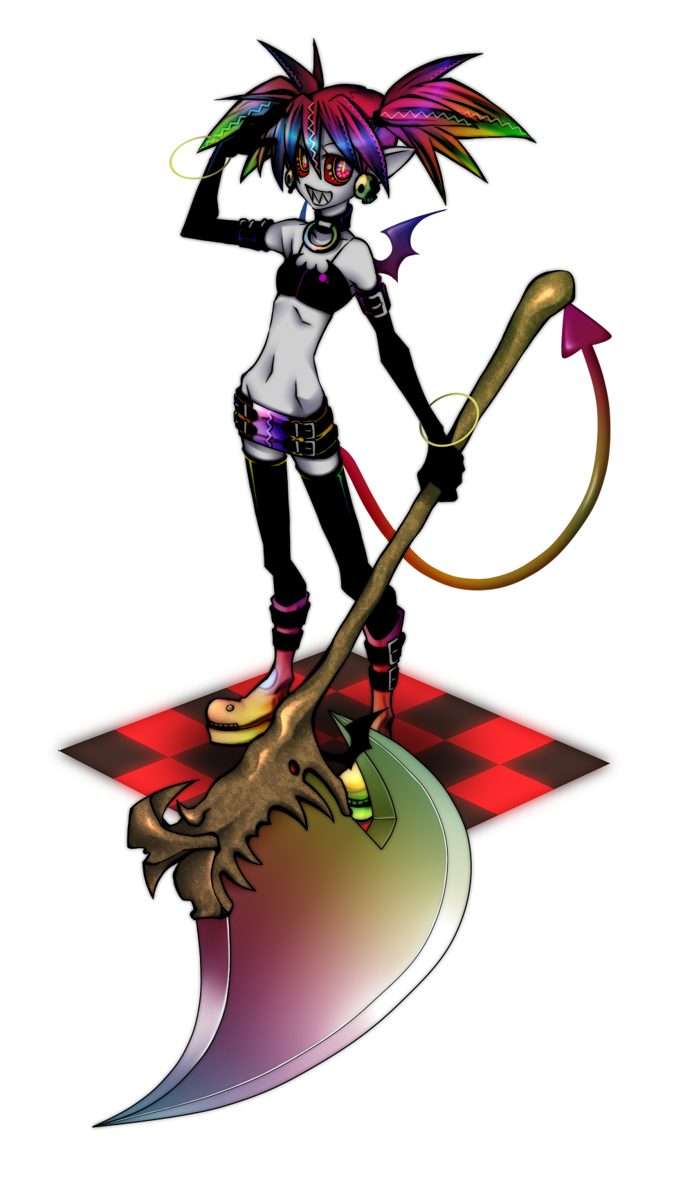 senmu (0107), etna (disgaea), disgaea, bad id, bad pixiv id, highres, 1girl, axe, bat wings, colorful, demon girl, earrings, elbow gloves, female focus, gloves, jewelry, miniskirt, multicolored hair, pointy ears, skirt, solo, tail, thighhighs, twintails, weapon, wings