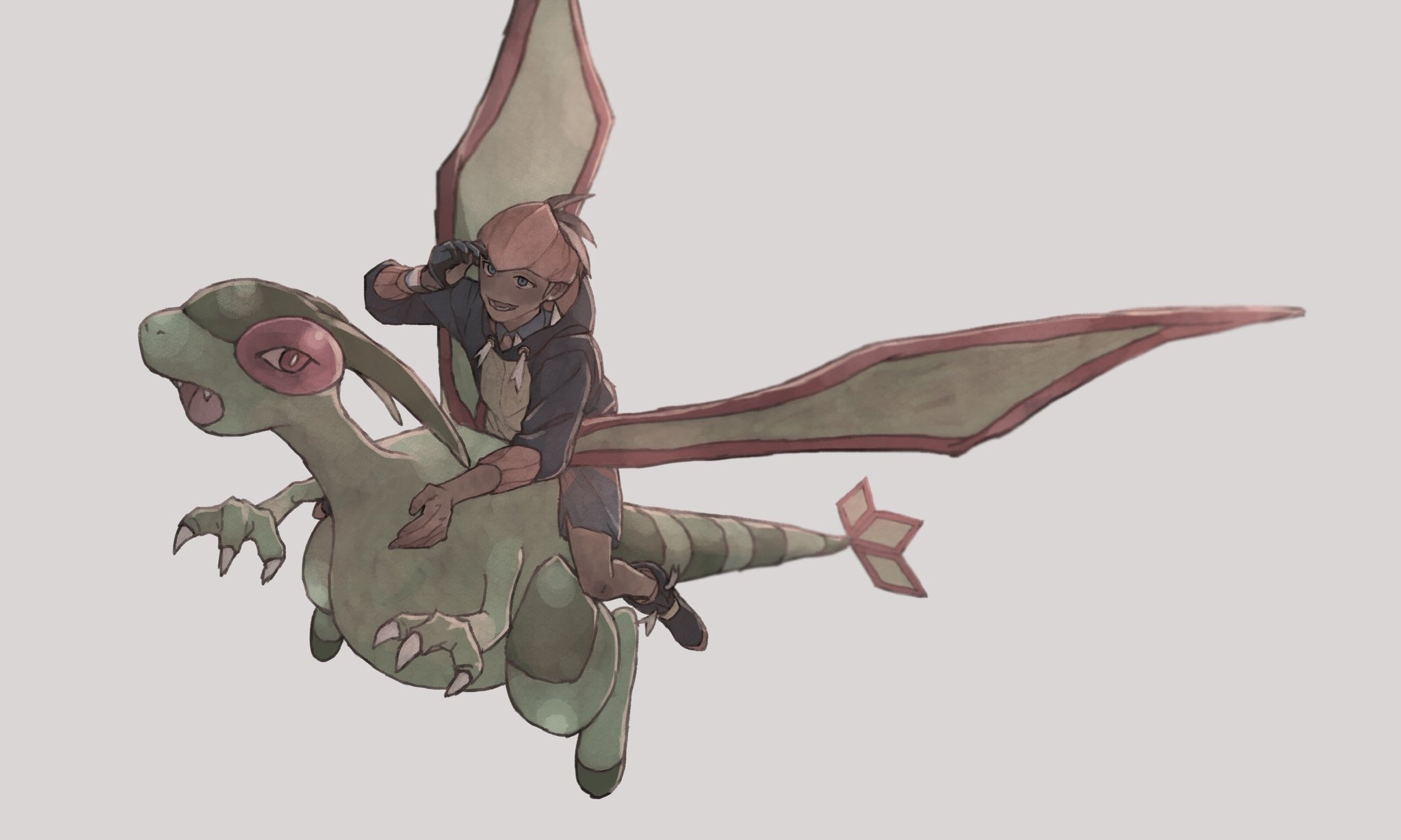 ichikawa 385, flygon, raihan (pokemon), nintendo, pokemon, pokemon swsh, commentary request, highres, 1boy, aqua eyes, black gloves, black hair, black shoes, dark-skinned male, dark skin, fang, gen 3 pokemon, gloves, grey background, headband, hood, hood down, hoodie, long sleeves, looking back, male focus, open mouth, orange headband, pokemon (creature), red eyes, riding, riding pokemon, shoes, short hair, shorts, simple background, single glove, smile