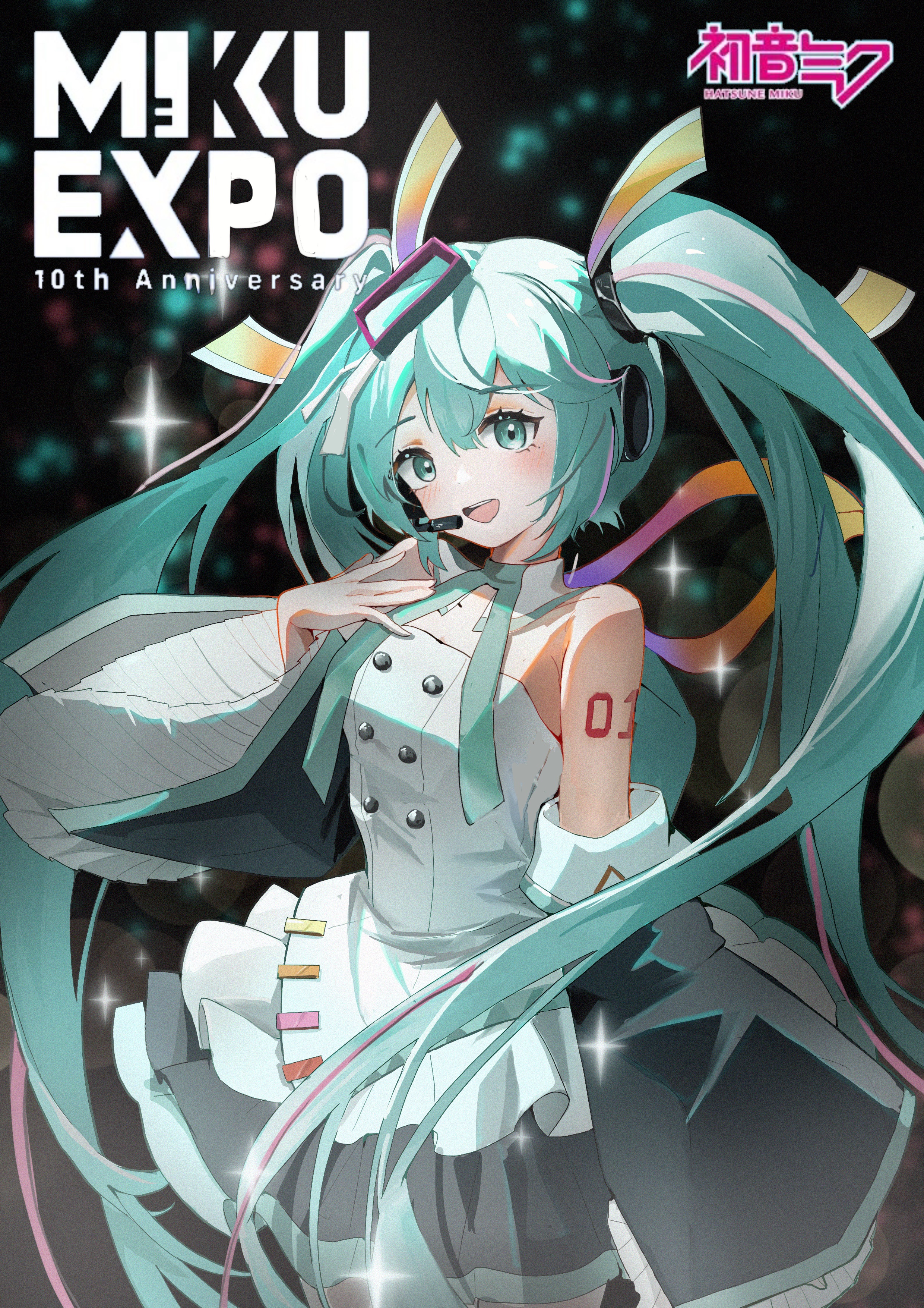 vickey233, hatsune miku, vocaloid, absurdres, commentary request, highres, 1girl, aqua eyes, aqua hair, aqua trim, arm tattoo, bare shoulders, black skirt, blush, breasts, character name, dress, hair between eyes, hair ornament, hatsune miku expo, headset, long hair, looking at viewer, medium breasts, miniskirt, number tattoo, open mouth, skirt, smile, solo, strapless, strapless dress, tattoo, twintails, very long hair, white dress, wide sleeves