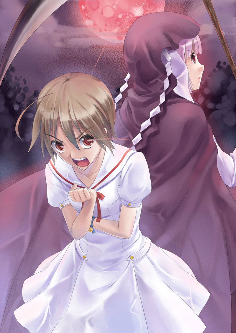 tenkuu nozora, kushinada nemuru, tsumuhana isuzu, ookamikakushi, bad id, bad pixiv id, ahoge, bell, braid, brown hair, cloak, dress, fang, long hair, moon, red eyes, school uniform, scythe, short hair, twin braids, white hair