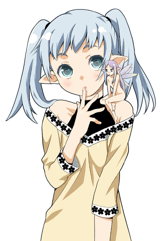mattaku mousuke, original, 2girls, bare shoulders, barefoot, blue eyes, blue hair, blush, breasts, fairy, fairy wings, finger to mouth, mini person, minigirl, multiple girls, nude, pointy ears, simple background, sitting, sitting on person, sitting on shoulder, size difference, small breasts, twintails, white background, wings