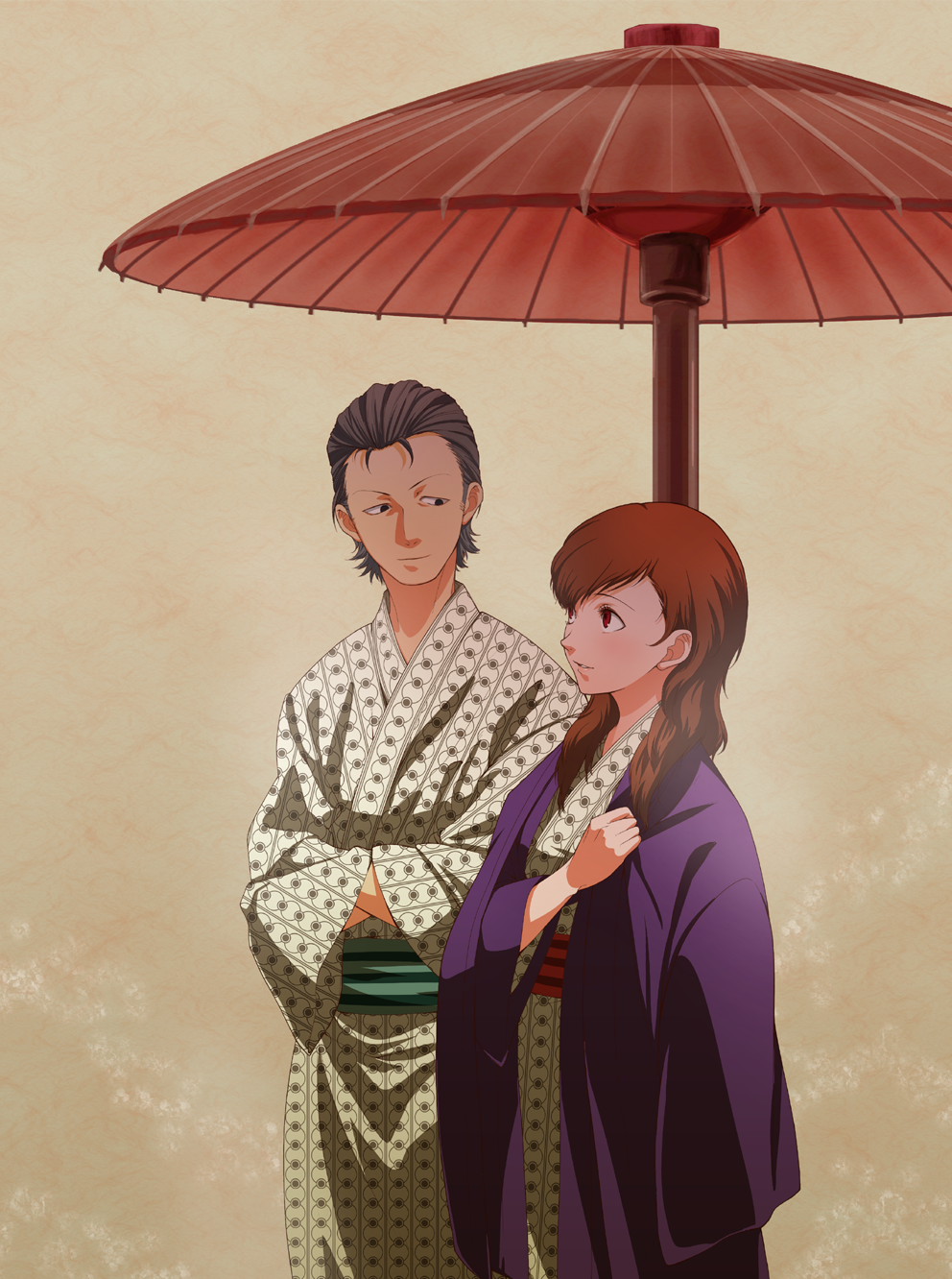 maruo (artist), odagiri hidetoshi, shiomi kotone, atlus, persona, persona 3, persona 3 portable, highres, 1boy, 1girl, blush, brown hair, couple, hair down, hair slicked back, hetero, japanese clothes, smile