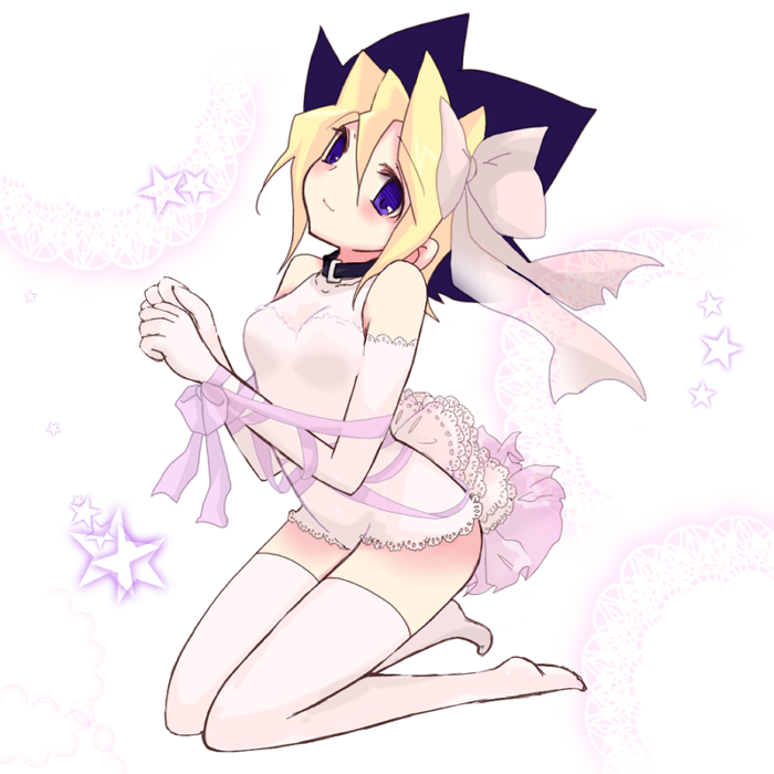 gangon, muto yugi, yu-gi-oh!, yu-gi-oh! duel monsters, bad id, bad pixiv id, gender request, 1girl, bow, collar, colored bangs, female focus, genderswap, gloves, hair bow, lace, lingerie, purple eyes, ribbon, solo, thighhighs, underwear
