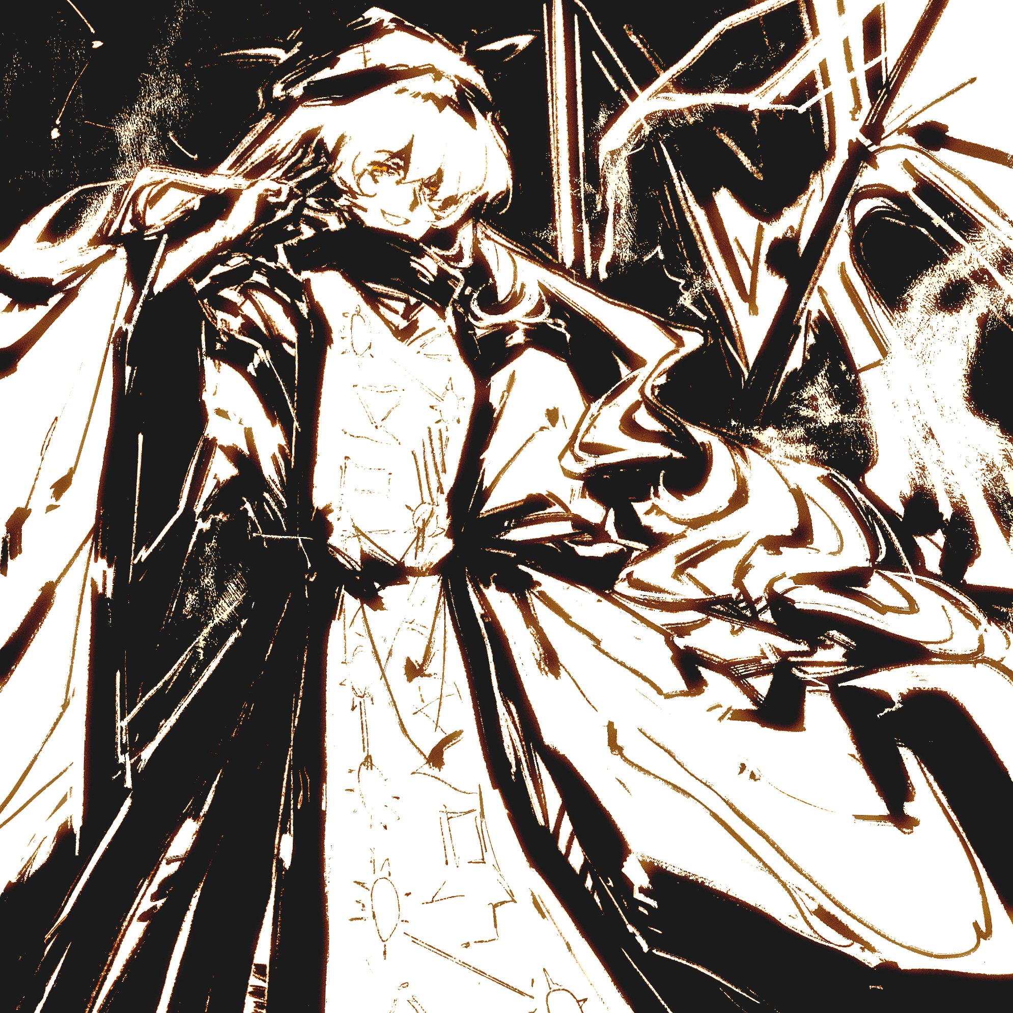 matara okina, touhou, commentary, highres, 1girl, abstract, arm up, constellation print, cowboy shot, dress, hat, limited palette, long hair, monitor51, sepia, smile, tabard, wide sleeves, yellow eyes