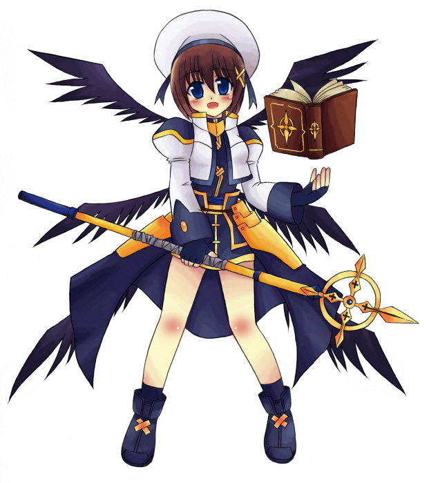 nean, schwertkreuz, tome of the night sky, yagami hayate, lyrical nanoha, mahou shoujo lyrical nanoha, bad id, bad pixiv id, 00s, 1girl, black wings, blue eyes, book, brown hair, female focus, hair ornament, hat, short hair, solo, staff, wings, x hair ornament