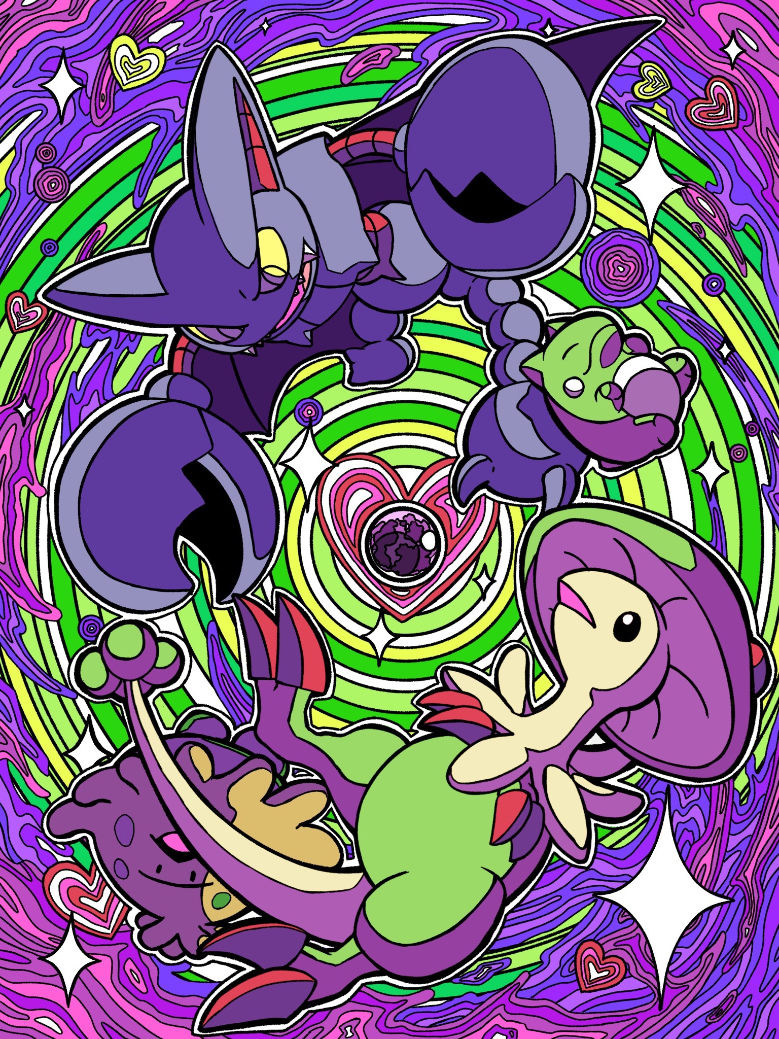 onigiri debu, breloom, gliscor, shroomish, nintendo, pokemon, commentary, highres, 3others, colorful, full body, gameplay mechanics, gen 3 pokemon, gen 4 pokemon, heart, multiple others, no humans, open mouth, orb, pincers, poison, poison heal (pokemon ability), pokemon (creature), pokemon ability, pokemon focus, sharp teeth, sparkle, substitute (pokemon), symmetry, teeth, trait connection, wings, yellow eyes