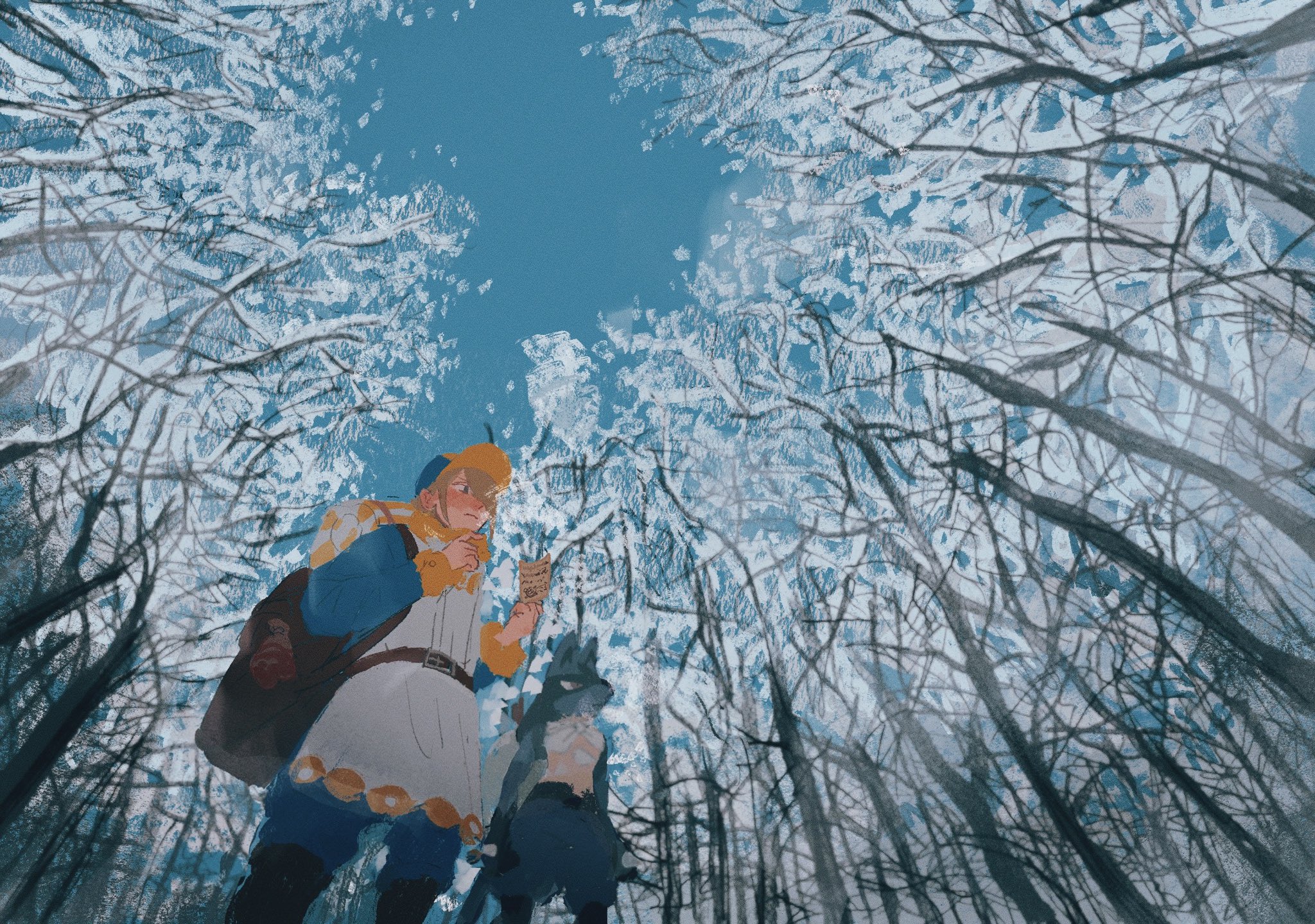 sara (yeahx2wowx2), lucario, volo (pokemon), nintendo, pokemon, pokemon legends: arceus, highres, 1boy, backpack, bag, bare tree, black boots, blonde hair, blue fur, blue jumpsuit, boots, brown bag, forest, fur-trimmed jumpsuit, fur trim, gen 4 pokemon, ginkgo guild uniform, grey eyes, hair over one eye, hat, holding, jumpsuit, long sleeves, looking afar, male focus, multicolored hat, nature, outdoors, pokemon (creature), red eyes, sky, snow, spikes, standing, tree, two-tone headwear, yellow fur, yellow hat