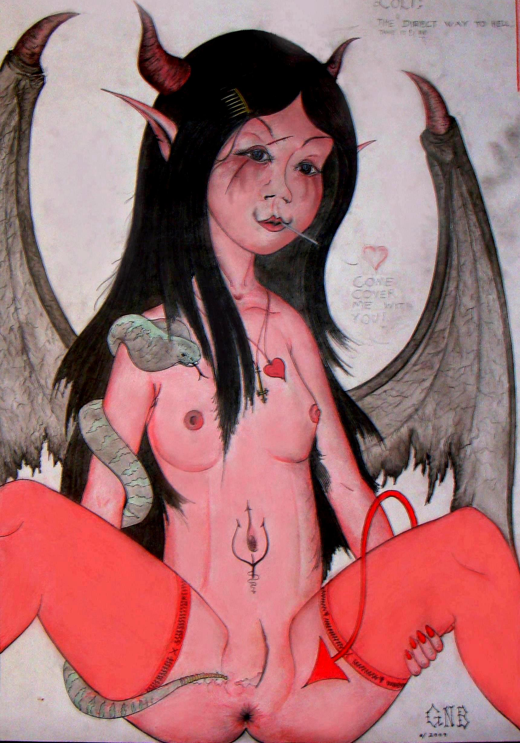 horn, absurdres, highres, anus, breasts, demon girl, demon tail, demon wings, loli, pointy ears, polearm, poorly drawn, pussy, scar, snake, tail, trident, weapon, wings