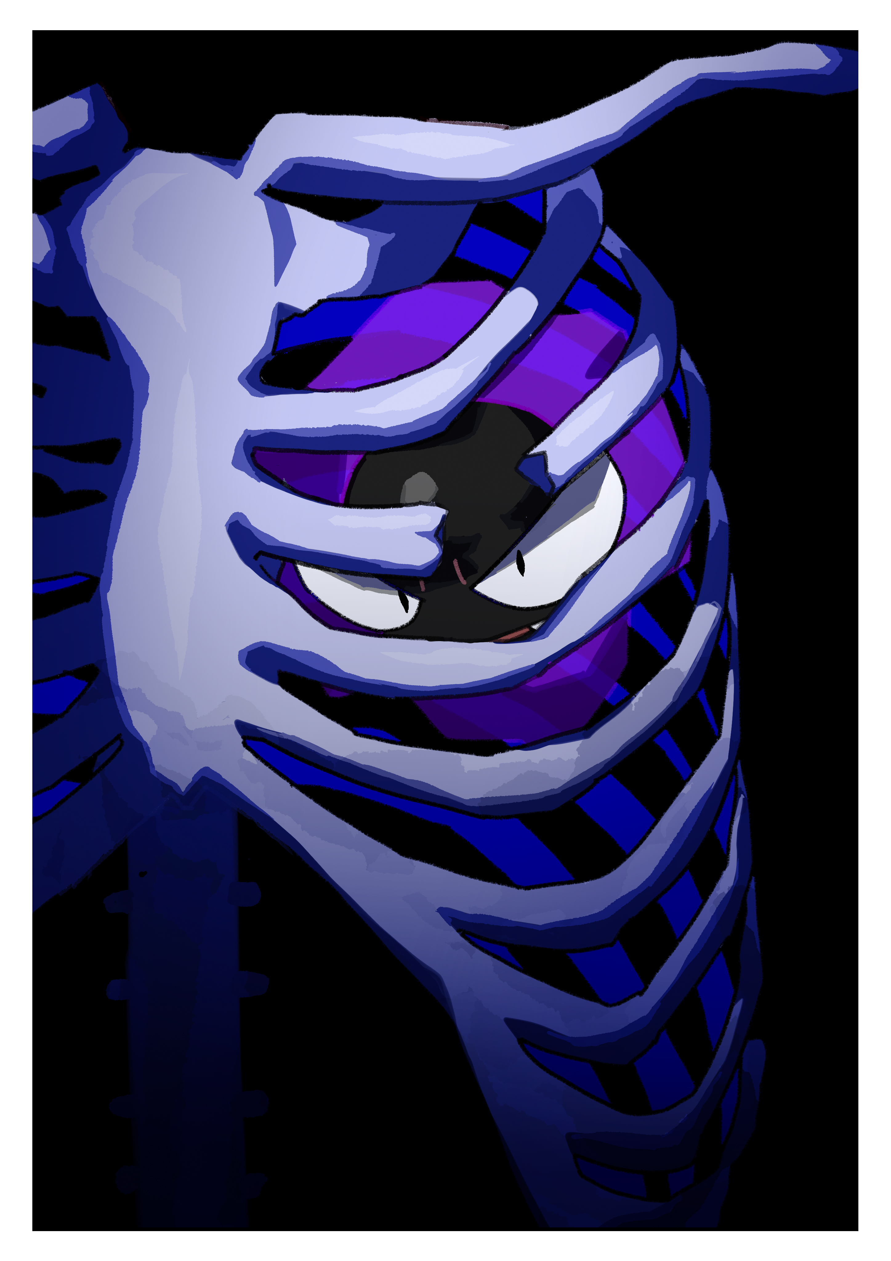 saiku (zvlku), gastly, nintendo, pokemon, absurdres, commentary, english commentary, highres, black background, bone, border, broken bone, gen 1 pokemon, looking at viewer, no humans, pokemon (creature), pokemon focus, ribs, skeleton, white border