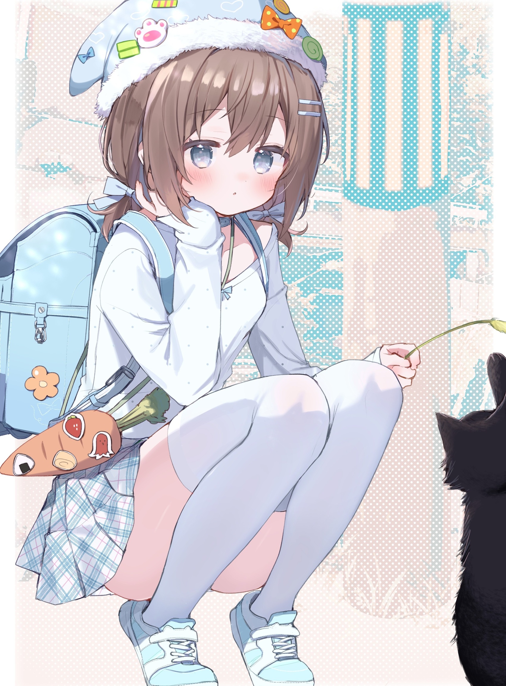 takepoison, original, commentary request, highres, 1girl, backpack, bag, black eyes, blush, breasts, brown hair, cat, convenient censoring, fur-trimmed headwear, fur trim, green skirt, hat, holding, long sleeves, looking at viewer, medium hair, outdoors, shirt, shoes, skirt, small breasts, sneakers, solo, squatting, stuffed animal, stuffed rabbit, stuffed toy, thighhighs, twintails, white shirt, white thighhighs