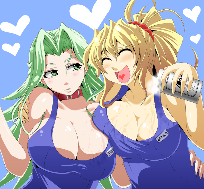 kara age, excellen browning, lamia loveless, banpresto, capcom, final fight, super robot wars, bad id, bad pixiv id, 2girls, alcohol, beer, blonde hair, blush, breast press, breasts, closed eyes, collar, drunk, green eyes, green hair, heart, heart in mouth, hug, huge breasts, long hair, multiple girls, one-piece swimsuit, open mouth, ponytail, school swimsuit, spill, swimsuit, very long hair