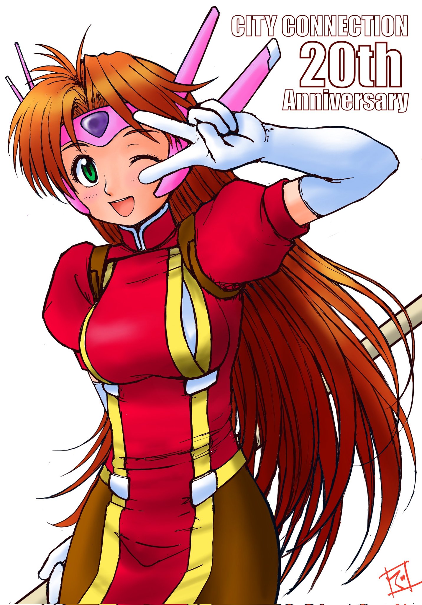 darumatensi, misaki kyouko (suchie-pai), suchie-pai, idol janshi suchie-pai, commentary request, highres, 1girl, ;d, anniversary, arm up, breasts, brown pantyhose, company name, dress, elbow gloves, gloves, green eyes, holding, large breasts, long hair, one eye closed, open mouth, orange hair, pantyhose, pelvic curtain, puffy short sleeves, puffy sleeves, red dress, short sleeves, signature, simple background, smile, solo, standing, teeth, tight clothes, tight dress, upper body, upper teeth only, v, v over eye, very long hair, white background, white gloves