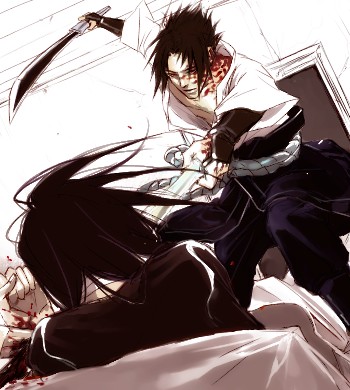 lily (artist), orochimaru (naruto), uchiha sasuke, naruto (classic), naruto (series), lowres, 2boys, bandages, bed, black hair, blanket, blood, door, gloves, long hair, male focus, multiple boys, pants, rope, sharingan, shirt, spiked hair, sword, weapon