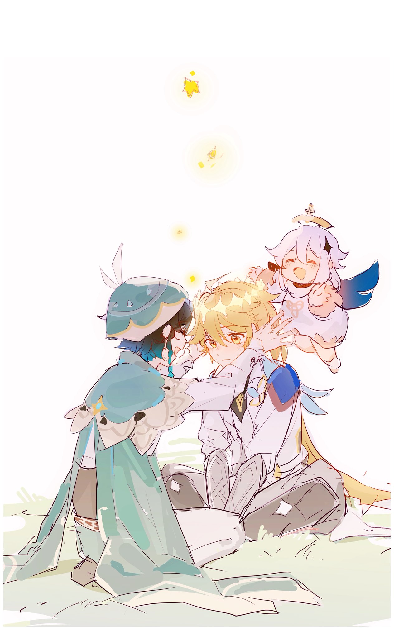 aether (genshin impact), paimon (genshin impact), venti (genshin impact), genshin impact, commentary, english commentary, highres, 1girl, 2boys, beret, blonde hair, braid, closed eyes, closed mouth, flying, grass, hat, liya01037, long sleeves, male focus, multiple boys, on floor, open mouth, seiza, sitting, star (sky), twin braids, white background, white hair, yellow eyes